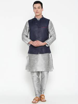 Mag Men's Silver matching Kurta Churidar With Navy Blue Joot Waiscoat For Men (RG-19509-36) 1