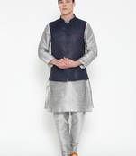 Mag Men's Silver matching Kurta Churidar With Navy Blue Joot Waiscoat For Men (RG-19509-36)