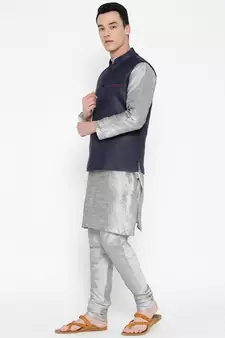 Mag Men's Silver matching Kurta Churidar With Navy Blue Joot Waiscoat For Men (RG-19509-36)
