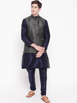 Mag Men's Navy Blue Matching Kurta Churidar With Black 2nd Waiscoat  For Men (RG-19510-36) 1
