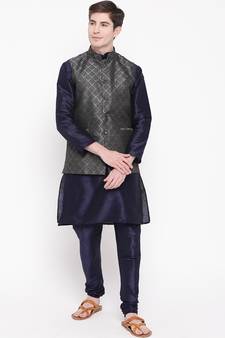 Mag Men's Navy Blue Matching Kurta Churidar With Black 2nd Waiscoat  For Men (RG-19510-36)