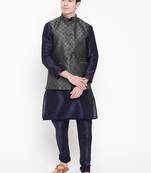 Mag Men's Navy Blue Matching Kurta Churidar With Black 2nd Waiscoat  For Men (RG-19510-36)