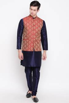 Mag Men's Navy Blue Matching Kurta Churidar With Mahroon Waiscoat  For Men (RG-19511-36)