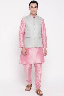 Mag Men's Pink Matching Kurta Churidar With Gray Joot Waiscoat For Men (RG-19513-36)