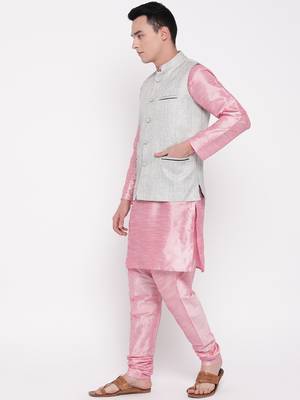 Mag Men's Pink Matching Kurta Churidar With Gray Joot Waiscoat For Men (RG-19513-36) 5