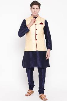 Mag Men's Navy Blue Matching Kurta Churidar With Gold Waiscoat For Men (RG-19514-36)