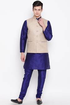 Mag Men's Royal Blue Matching Kurta Churidar With Coffee Joot Waiscoat For Men (RG-19517-36)