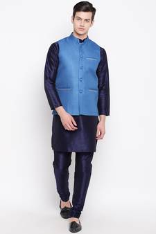 Mag Men's Navy Blue Matching Kurta Churidar With Sky Blue Joot Waiscoat For Men (RG-19518-36)