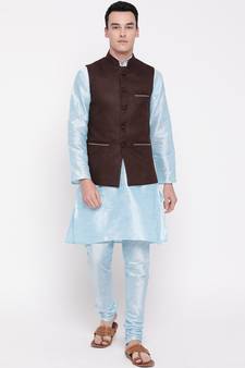 Mag Men's Sky Blue Matching Kurta Churidar With Pink Voilet Joot Waiscoat For Men (RG-19519-36)