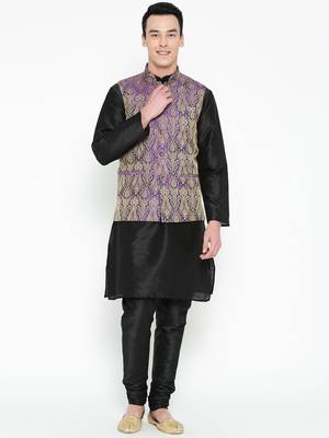 Mag Men's Black Matching Kurta Churidar With Purple Waiscoat For Men (RG-19520-36) 1