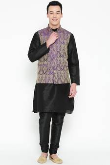 Mag Men's Black Matching Kurta Churidar With Purple Waiscoat For Men (RG-19520-36)