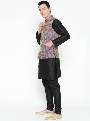 Mag Men's Black Matching Kurta Churidar With Purple Waiscoat For Men (RG-19520-36) 5