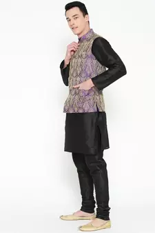 Mag Men's Black Matching Kurta Churidar With Purple Waiscoat For Men (RG-19520-36)