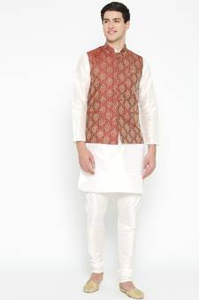 Mag Men's White Matching Kurta Churidar With Mahroon Waiscoat  For Men (RG-19521-36)