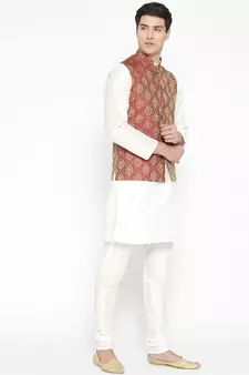 Mag Men's White Matching Kurta Churidar With Mahroon Waiscoat  For Men (RG-19521-36)