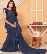Dark Blue Woven Faux Georgette Saree With Blouse