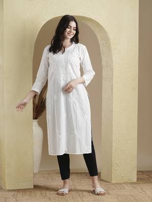 Ada Women Hand Embroidered Ethnic White Cotton Lucknowi Chikankari Kurta with Muqaish Work - A411370 1