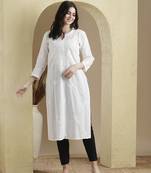 Ada Women Hand Embroidered Ethnic White Cotton Lucknowi Chikankari Kurta with Muqaish Work - A411370
