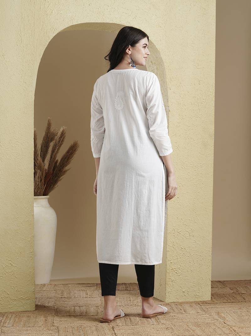 Ada Women Hand Embroidered Ethnic White Cotton Lucknowi Chikankari Kurta with Muqaish Work - A411370