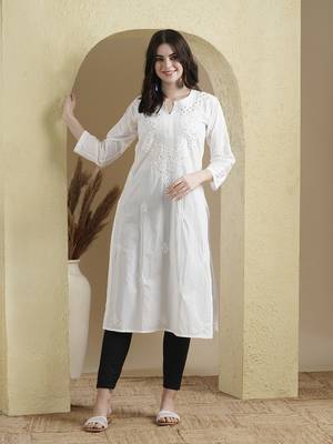 Ada Women Hand Embroidered Ethnic White Cotton Lucknowi Chikankari Kurta with Muqaish Work - A411370 4