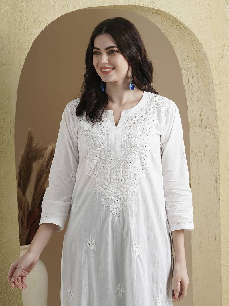 Ada Women Hand Embroidered Ethnic White Cotton Lucknowi Chikankari Kurta with Muqaish Work - A411370