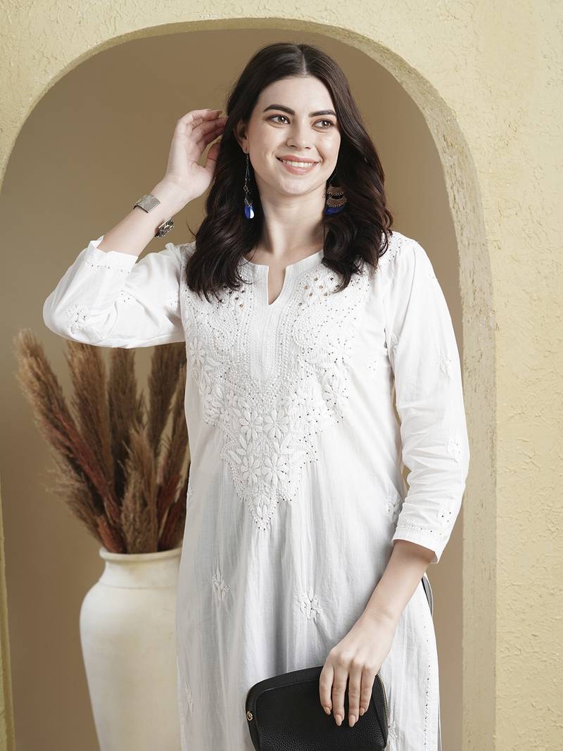 Ada Women Hand Embroidered Ethnic White Cotton Lucknowi Chikankari Kurta with Muqaish Work - A411370