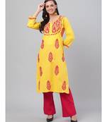 Ada Women Hand Embroidered Ethnic Yellow Cotton Lucknow Chikankari Kurta - A357848