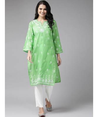 Women Hand Embroidered Green Cotton Lucknow Chikankari Trending Kurta 2