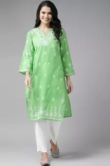 Women Hand Embroidered Green Cotton Lucknow Chikankari Trending Kurta