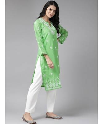Women Hand Embroidered Green Cotton Lucknow Chikankari Trending Kurta 3