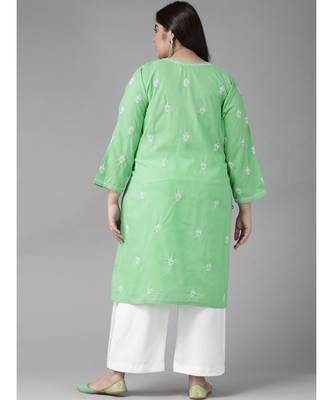 Women Hand Embroidered Green Cotton Lucknow Chikankari Trending Kurta 4