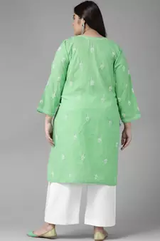 Women Hand Embroidered Green Cotton Lucknow Chikankari Trending Kurta