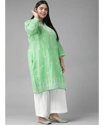 Women Hand Embroidered Green Cotton Lucknow Chikankari Trending Kurta 5