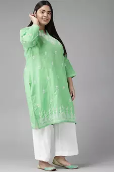 Women Hand Embroidered Green Cotton Lucknow Chikankari Trending Kurta