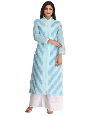 Ada Women Hand Embroidered Blue Cotton Lucknow Chikan Trending Kurti - A239014 1