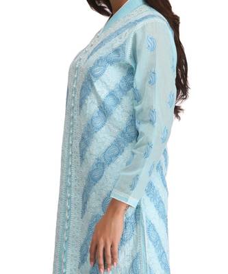 Ada Women Hand Embroidered Blue Cotton Lucknow Chikan Trending Kurti - A239014 5