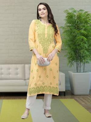 Ada Women Hand Embroidered Yellow Cotton Lucknow Chikan Trending Kurta - A411371 1