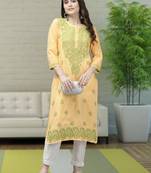 Ada Women Hand Embroidered Yellow Cotton Lucknow Chikan Trending Kurta - A411371