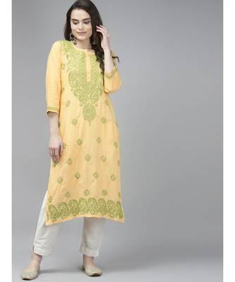 Ada Women Hand Embroidered Yellow Cotton Lucknow Chikan Trending Kurta - A411371 2