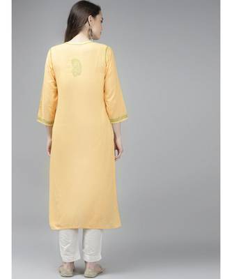 Ada Women Hand Embroidered Yellow Cotton Lucknow Chikan Trending Kurta - A411371 3