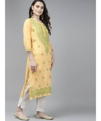 Ada Women Hand Embroidered Yellow Cotton Lucknow Chikan Trending Kurta - A411371 4