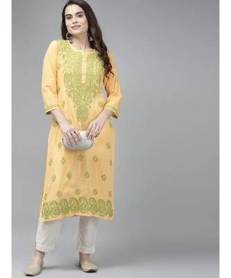 Ada Women Hand Embroidered Yellow Cotton Lucknow Chikan Trending Kurta - A411371 5
