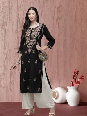 Women Hand Embroidered Trending Black Cotton Lucknow Chikankari Kurta 1