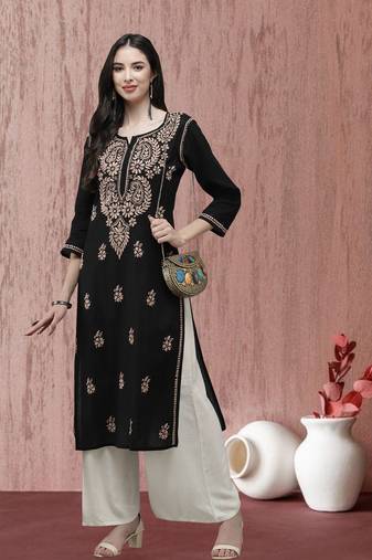 Women Hand Embroidered Trending Black Cotton Lucknow Chikankari Kurta