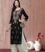 Women Hand Embroidered Trending Black Cotton Lucknow Chikankari Kurta