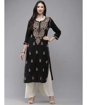 Women Hand Embroidered Trending Black Cotton Lucknow Chikankari Kurta 2