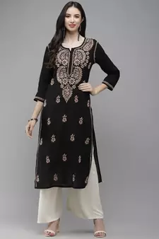 Women Hand Embroidered Trending Black Cotton Lucknow Chikankari Kurta