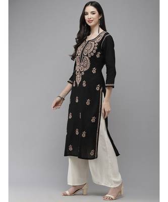 Women Hand Embroidered Trending Black Cotton Lucknow Chikankari Kurta 4