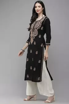 Women Hand Embroidered Trending Black Cotton Lucknow Chikankari Kurta