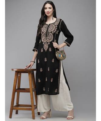 Women Hand Embroidered Trending Black Cotton Lucknow Chikankari Kurta 5